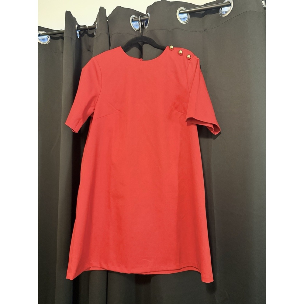 H&M Women's Red Dress Size M Gold Button Shoulder Detail Elegant Classic